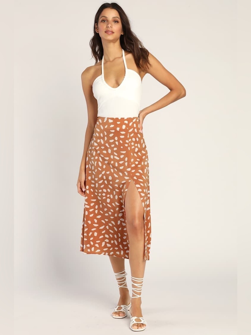 Lulus Getting Glam Peach Print Slit Midi Skirt Size XS NWT